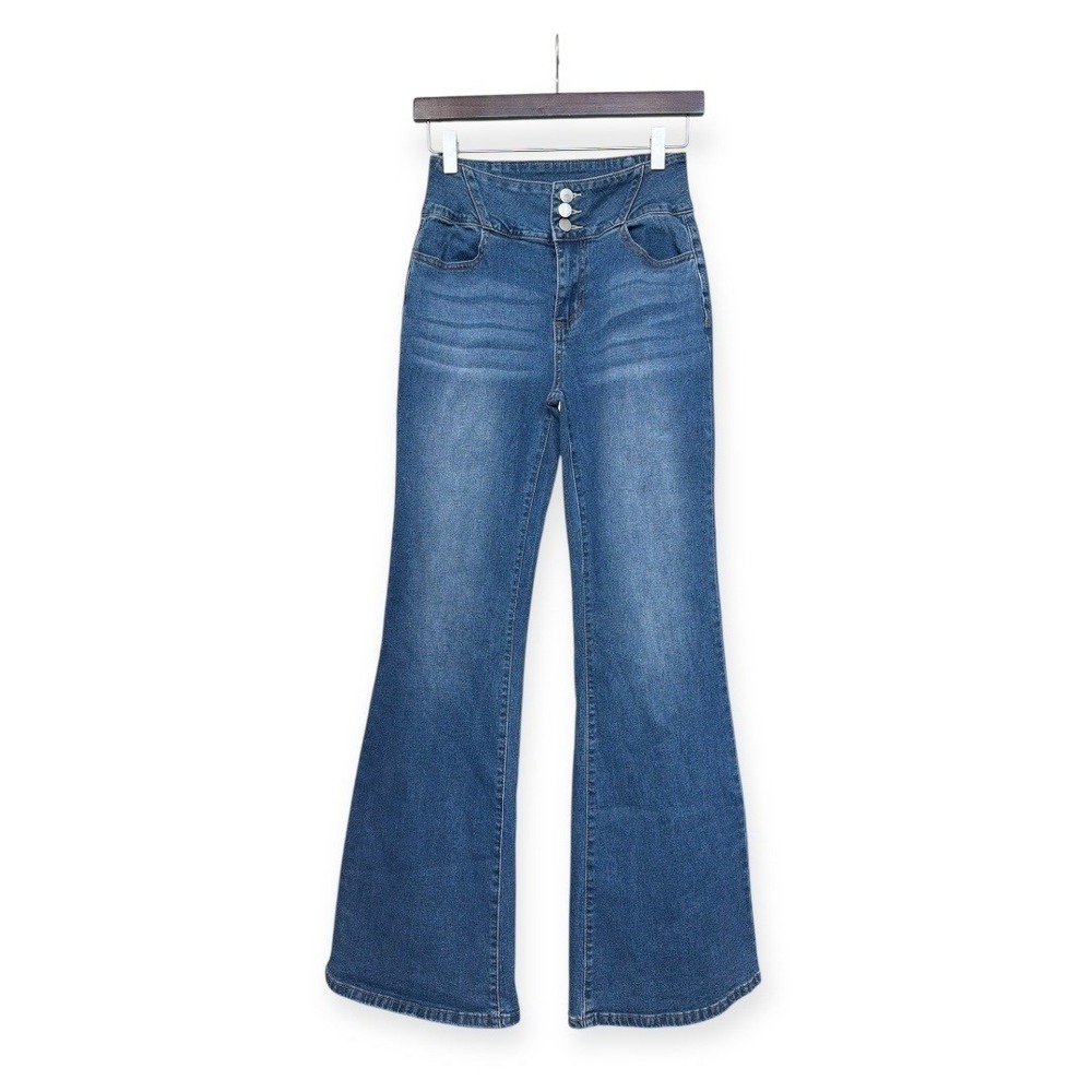 Skinny Flare High Rise Blue Denim‎ Jeans Size S Button Fly Y2K Retro Denim